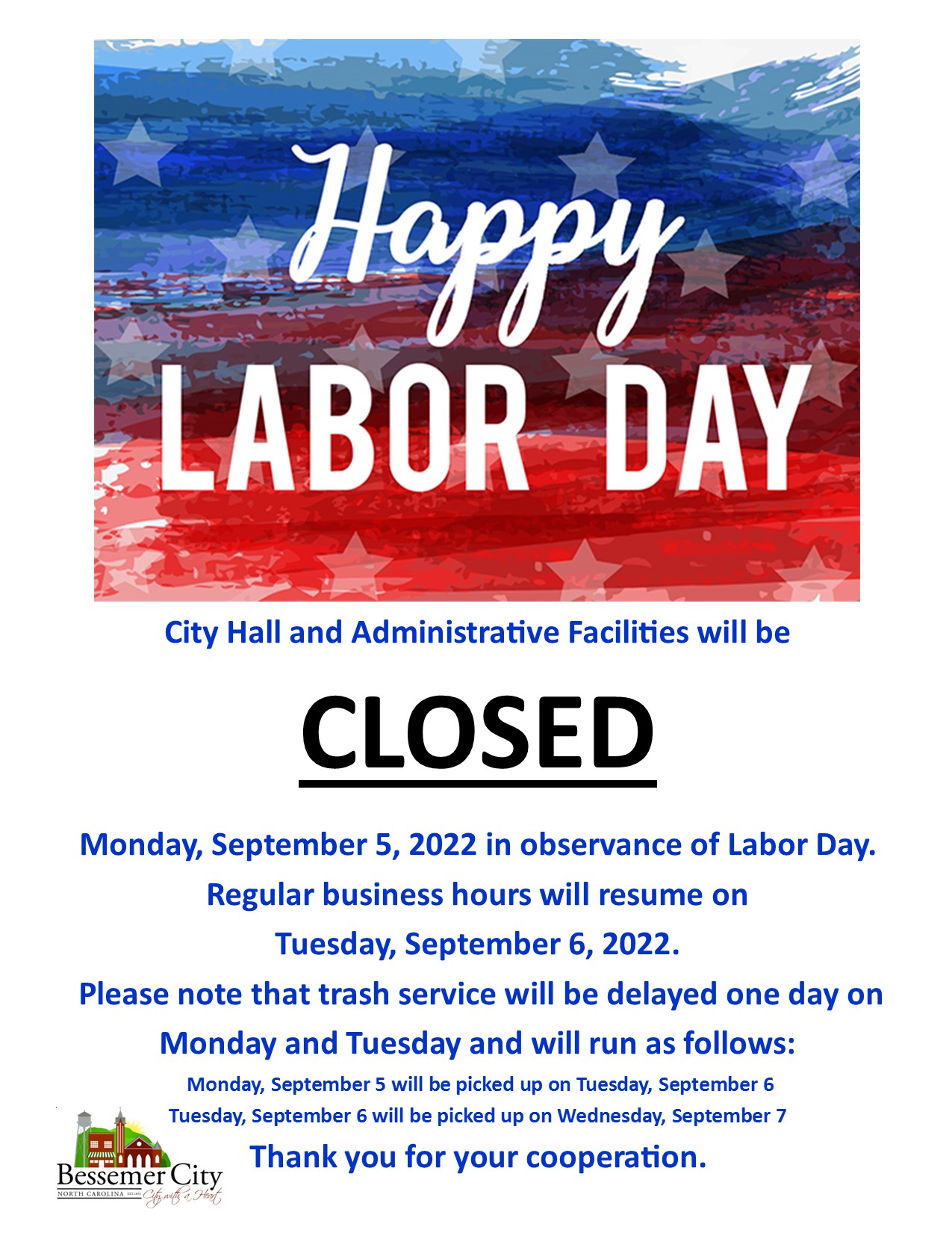 Labor Day 2022 Holiday Closure Bessemer City, NC