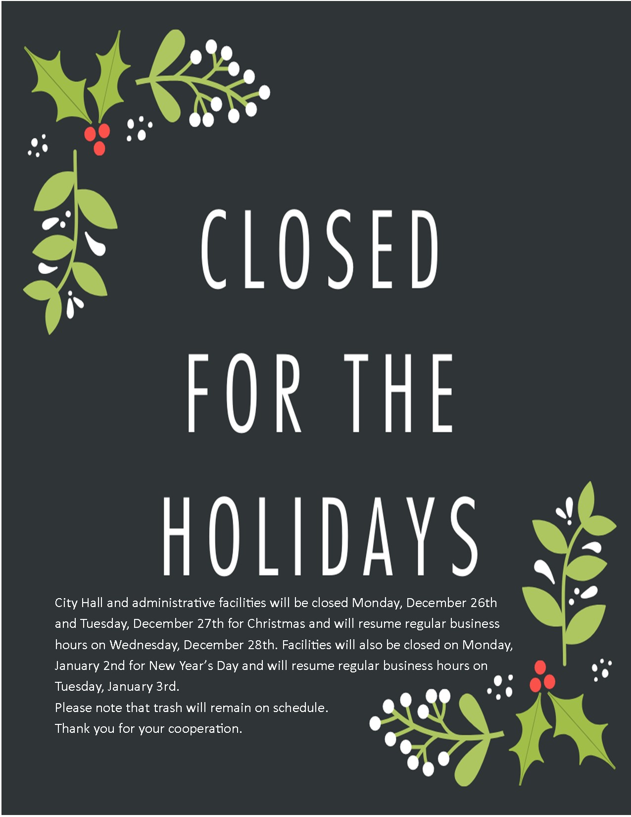 2022 Christmas and New Year's Day Holiday Closures Bessemer City, NC